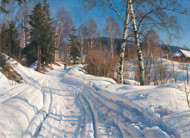 Winter Country Path, Birch Trees – Hand - Painted Landscape Oil Painting - Oil Painting Haven