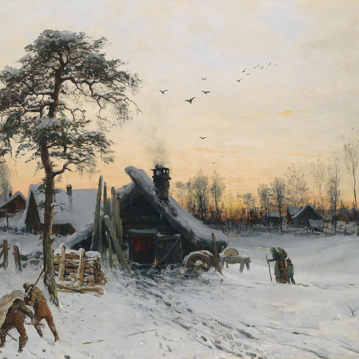 Winter Countryside Landscape Oil Painting with Rustic Snow Cabin - Oil Painting Haven