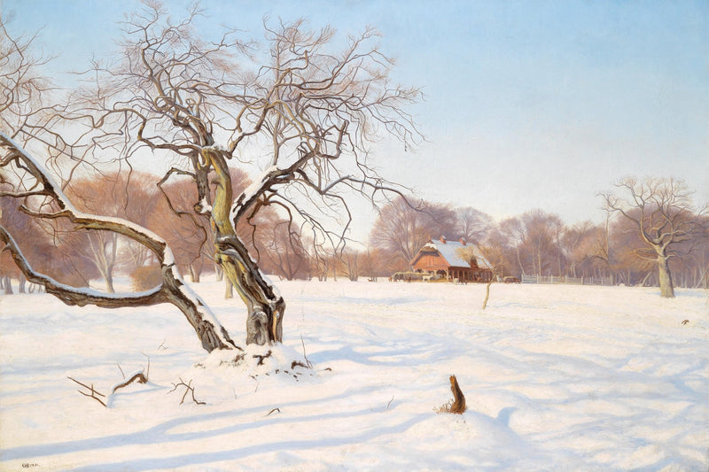Winter Countryside, Snowy Trees, Farmhouse – Landscape Oil Painting - Oil Painting Haven