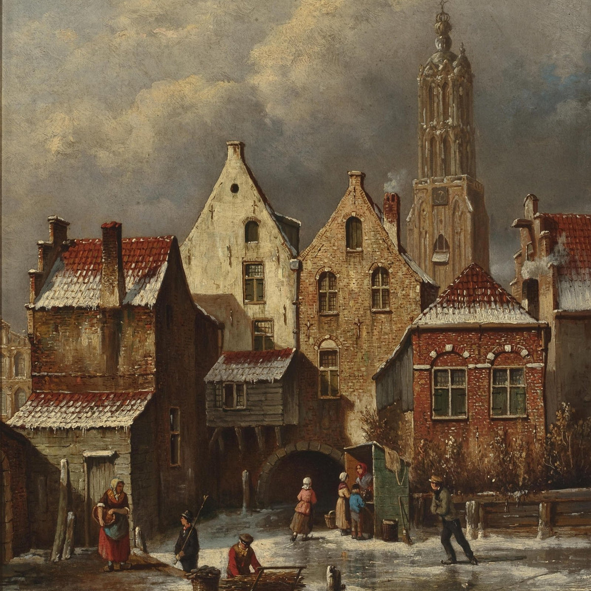 Winter European Canal Scene with Figures – Landscape Oil Painting - Oil Painting Haven