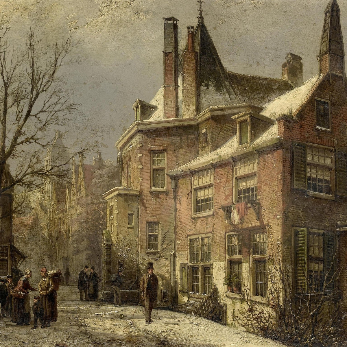 Winter European Street, Historic Houses – Landscape Oil Painting - Oil Painting Haven