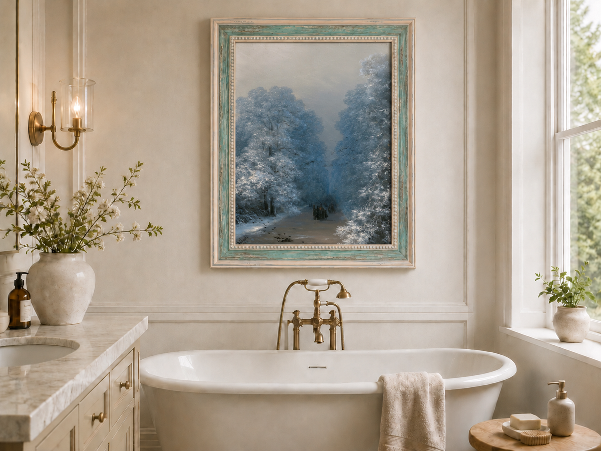 Hand-painted winter forest path landscape oil painting displayed in a bathroom interior above a bathtub.