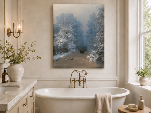 Hand-painted winter forest path landscape oil painting displayed in a bathroom interior above a bathtub.