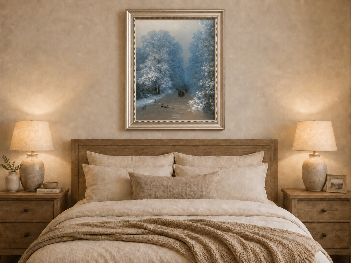 Hand-painted winter forest path landscape oil painting displayed above a bed in a bedroom interior.
