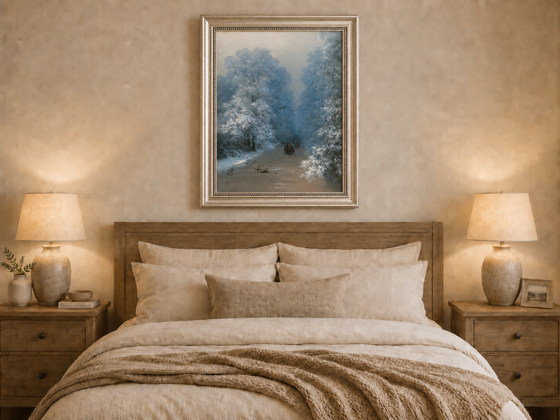 Hand-painted winter forest path landscape oil painting displayed above a bed in a bedroom interior.