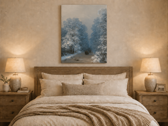 Hand-painted winter forest path landscape oil painting displayed above a bed in a bedroom interior.