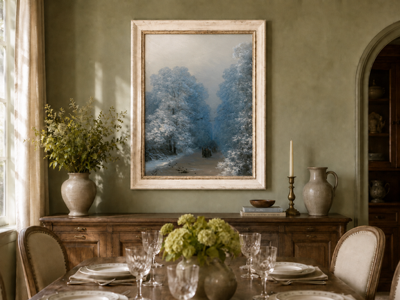 Hand-painted winter forest path landscape oil painting displayed in a dining room interior.