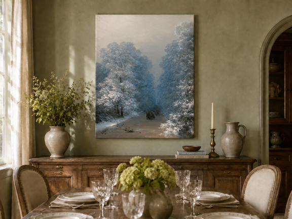 Hand-painted winter forest path landscape oil painting displayed in a dining room interior.