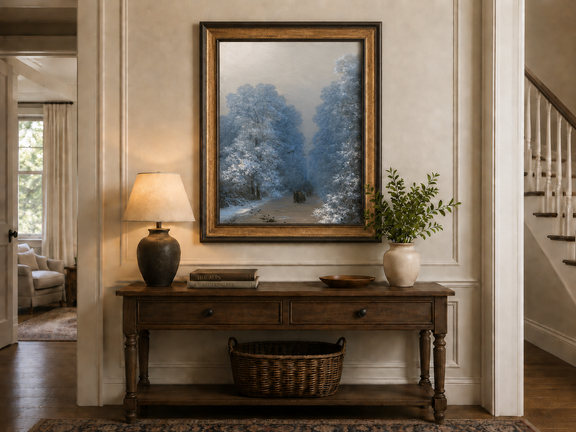 Hand-painted winter forest path landscape oil painting displayed above a console table in a hallway interior.