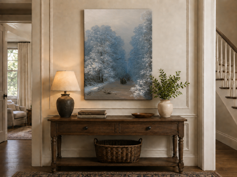 Hand-painted winter forest path landscape oil painting displayed above a console table in a hallway interior.