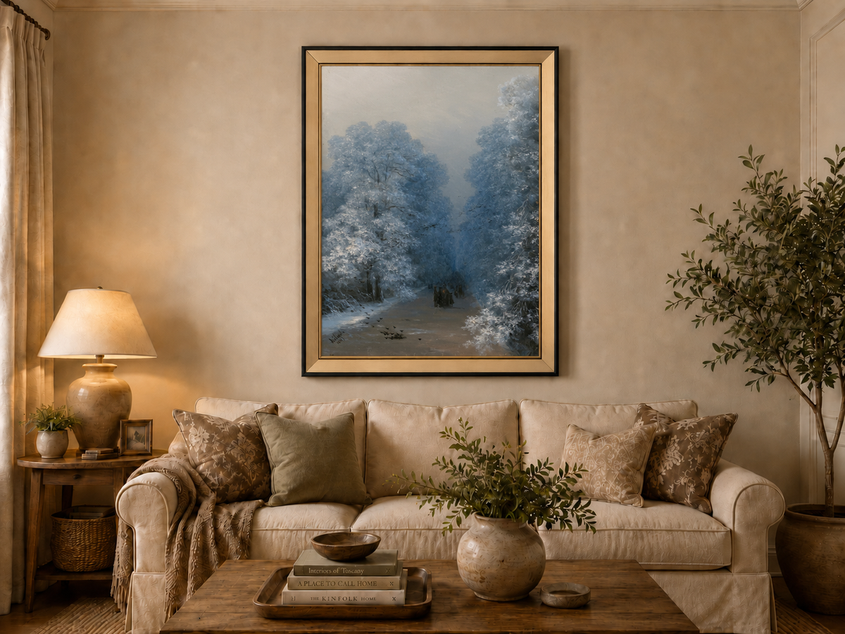 Hand-painted winter forest path landscape oil painting displayed above a sofa in a living room interior.