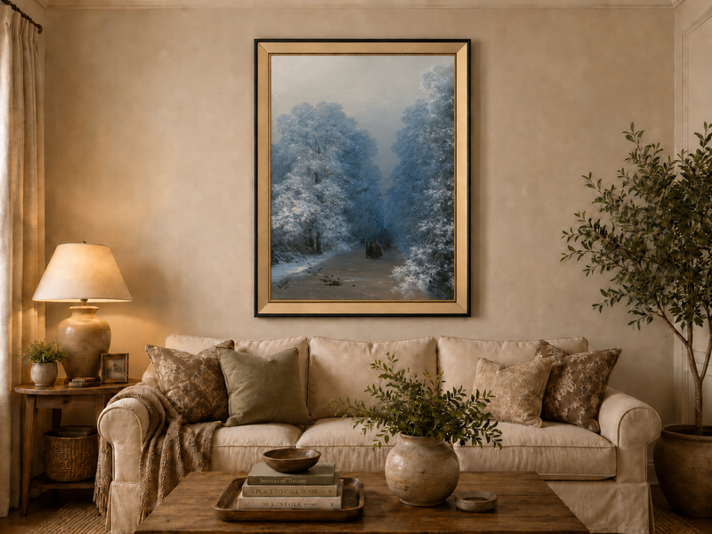 Hand-painted winter forest path landscape oil painting displayed above a sofa in a living room interior.