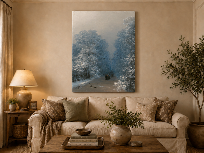 Hand-painted winter forest path landscape oil painting displayed above a sofa in a living room interior.