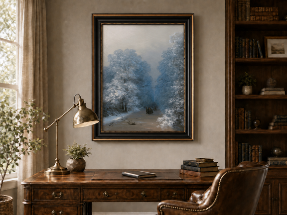 Hand-painted winter forest path landscape oil painting displayed above a desk in a home office interior.
