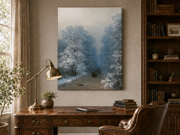 Hand-painted winter forest path landscape oil painting displayed above a desk in a home office interior.