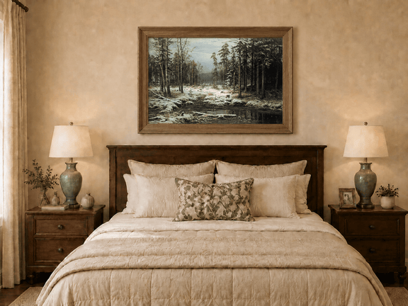 Framed hand-painted winter forest oil painting with a flowing stream through snowy woods displayed above a wooden bed in a neutral bedroom.