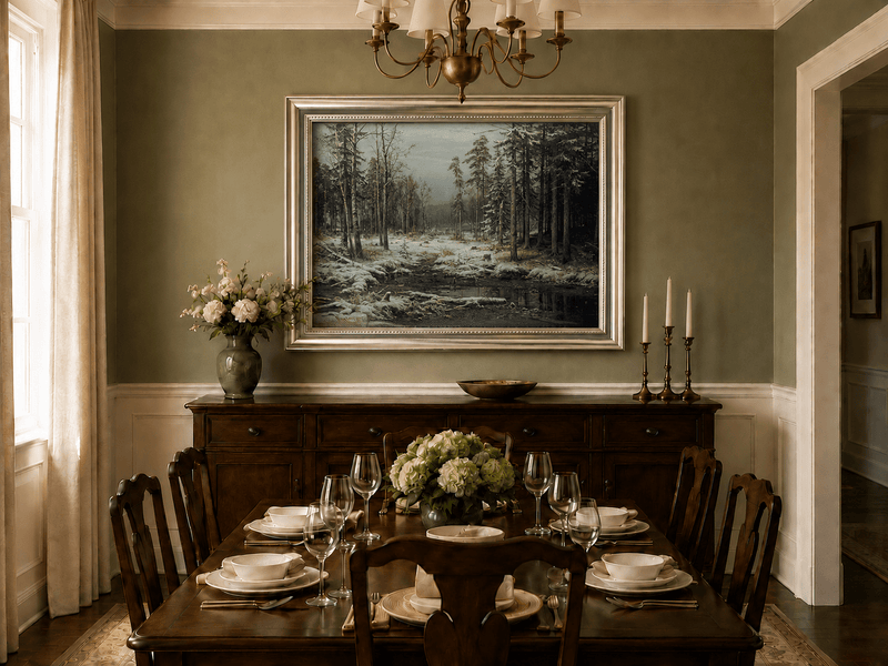 Framed hand-painted winter forest oil painting with a flowing stream through snowy woods displayed above a formal dining table.