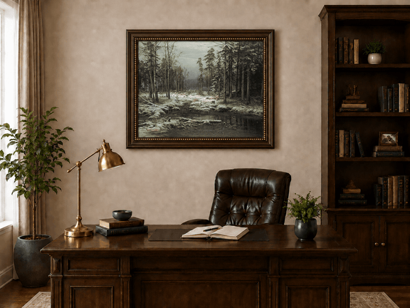 Framed hand-painted winter forest oil painting with a flowing stream through snowy woods displayed above a traditional home office desk.