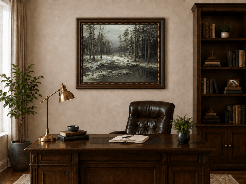 Framed hand-painted winter forest oil painting with a flowing stream through snowy woods displayed above a traditional home office desk.