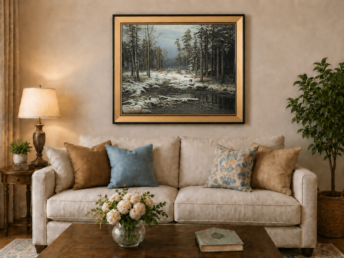 Framed hand-painted winter forest oil painting with a flowing stream through snowy woods displayed above a neutral living room sofa.