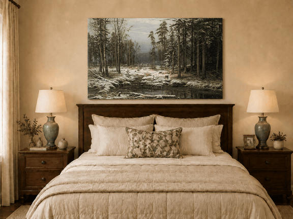 Unframed hand-painted winter forest oil painting with a flowing stream through snowy woods displayed above a wooden bed in a neutral bedroom.