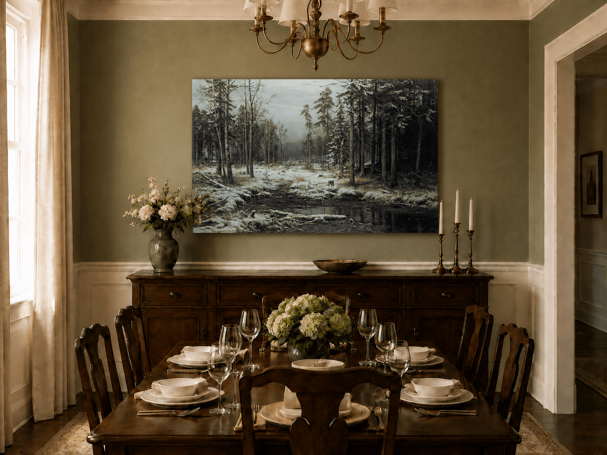 Unframed hand-painted winter forest oil painting with a flowing stream through snowy woods displayed above a formal dining table.