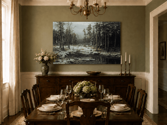 Unframed hand-painted winter forest oil painting with a flowing stream through snowy woods displayed above a formal dining table.