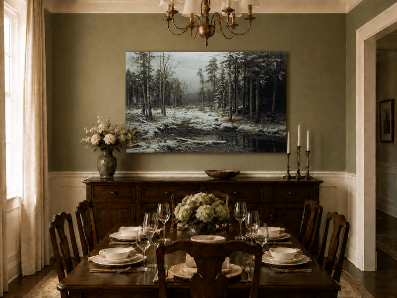 Unframed hand-painted winter forest oil painting with a flowing stream through snowy woods displayed above a formal dining table.
