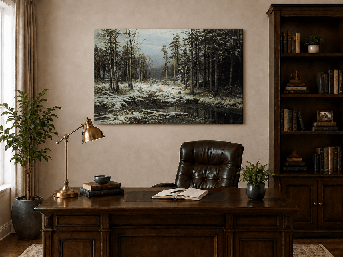Unframed hand-painted winter forest oil painting with a flowing stream through snowy woods displayed above a traditional home office desk.