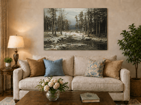 Unframed hand-painted winter forest oil painting with a flowing stream through snowy woods displayed above a neutral living room sofa.