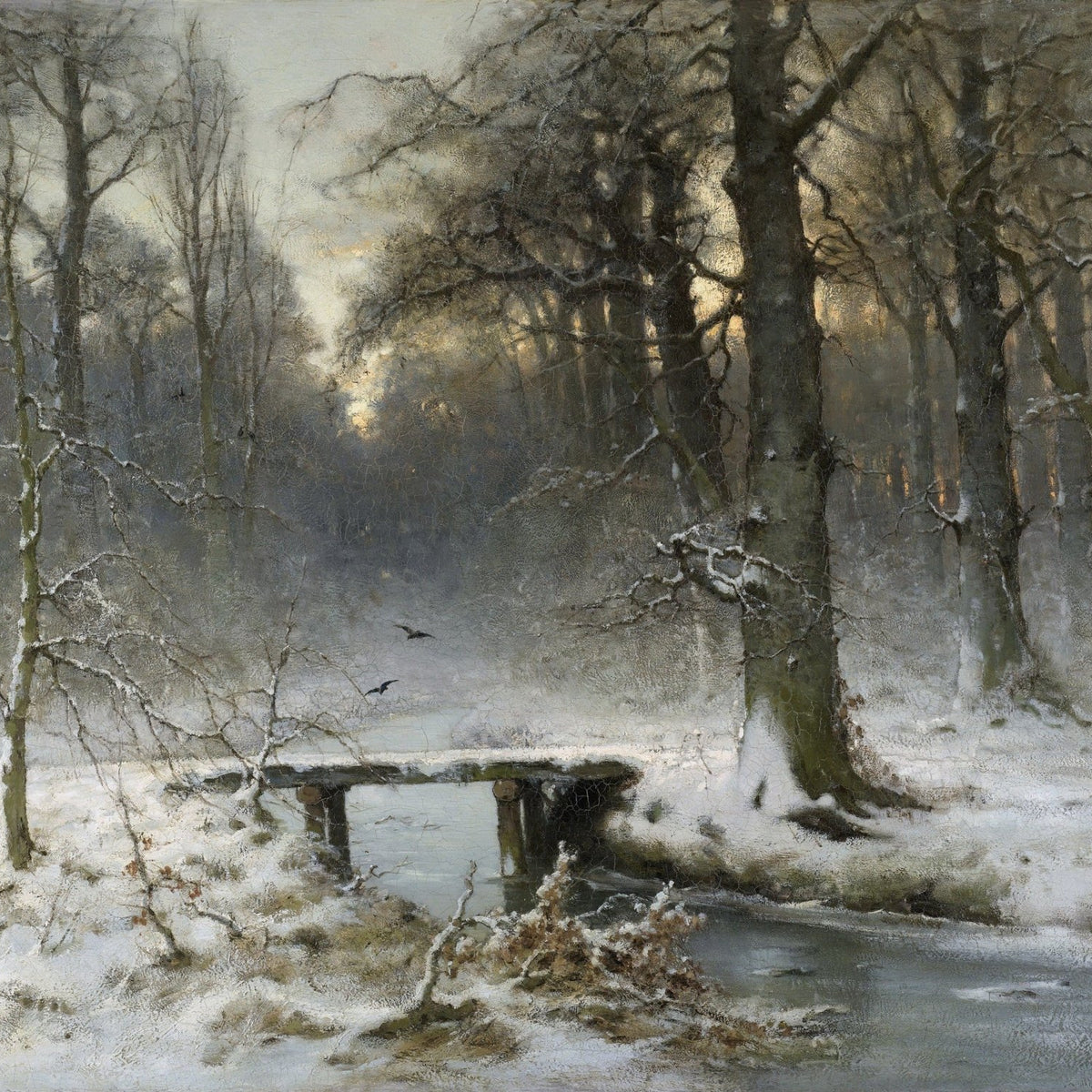 Hand-painted winter forest stream with wooden bridge landscape oil painting on canvas