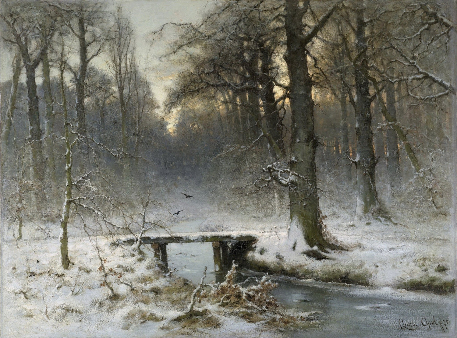 Hand-painted winter forest stream with wooden bridge landscape oil painting on canvas