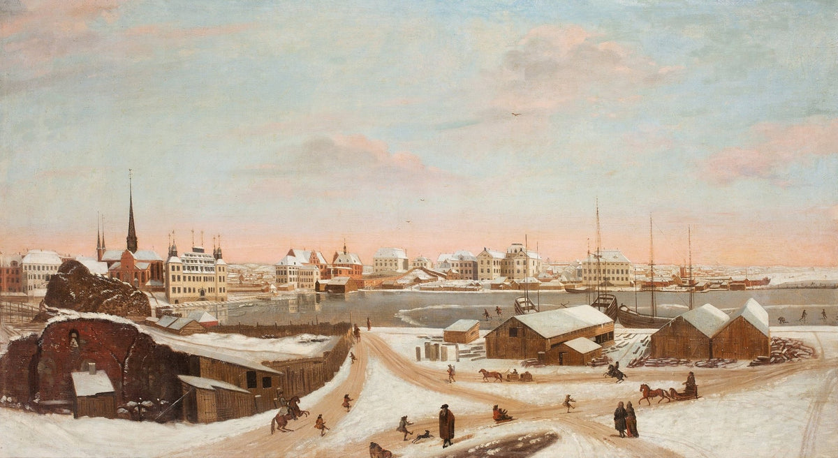 Winter Harbor City with Historic Buildings – Landscape Oil Painting - Oil Painting Haven