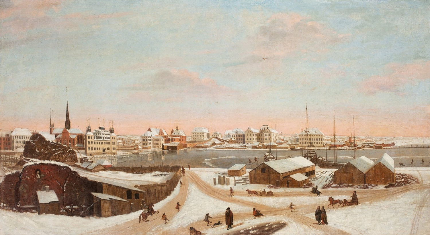 Winter Harbor City with Historic Buildings – Landscape Oil Painting - Oil Painting Haven