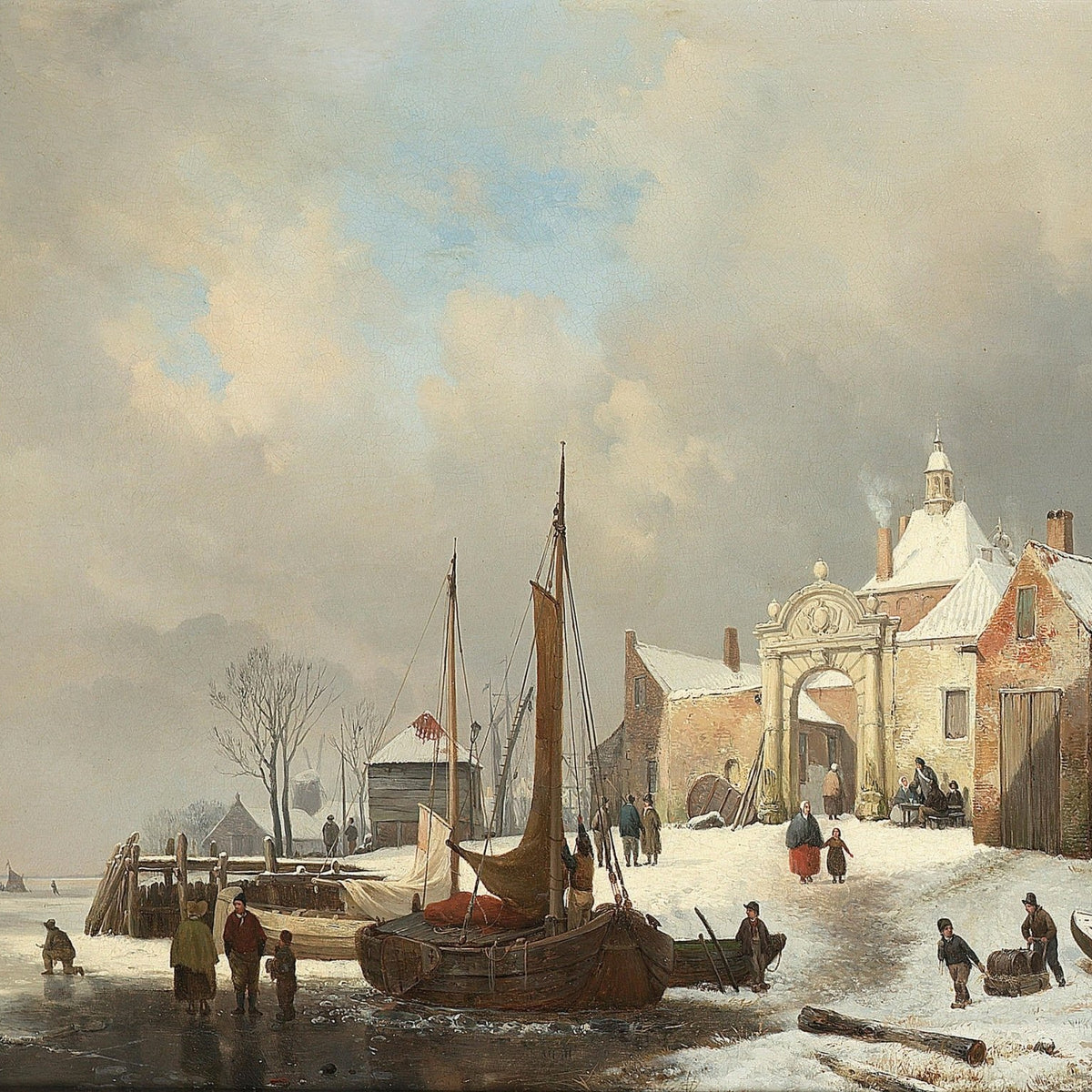 Winter Harbor Scene with Boats, Village Life – Landscape Oil Painting - Oil Painting Haven