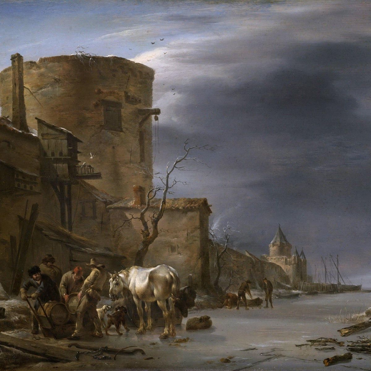 Hand-painted winter harbor with town walls and villagers landscape oil painting on canvas