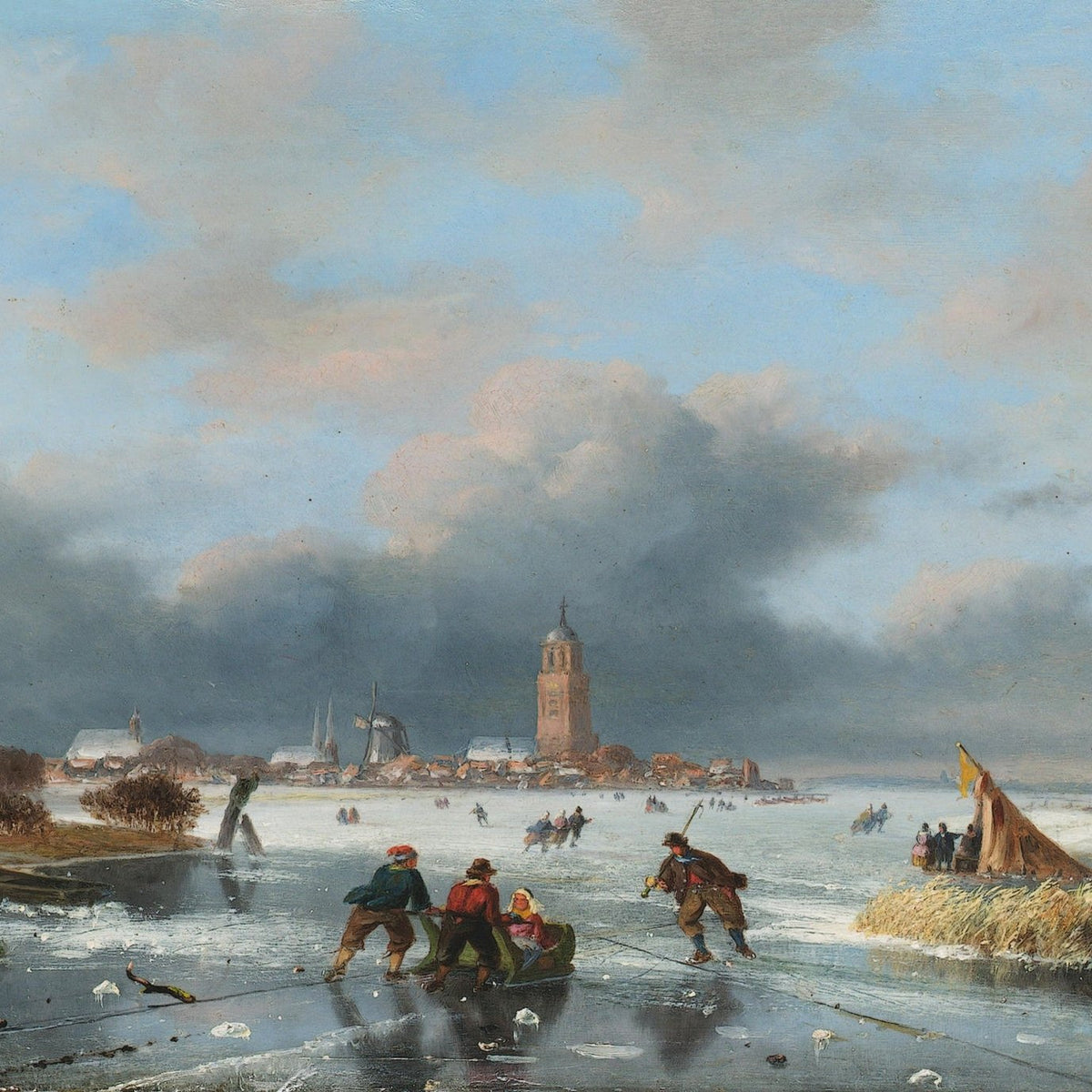 Winter Ice Skating Scene in Dutch Village - Landscape Oil Painting - Oil Painting Haven