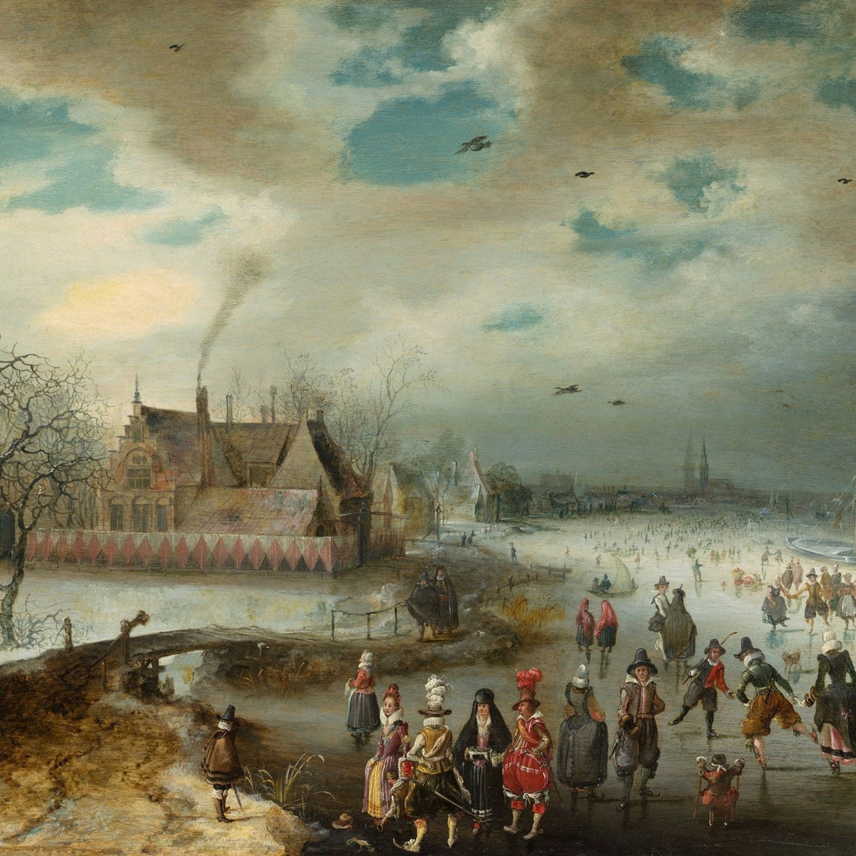 Winter Ice Skating Scene with Villagers - People Oil Painting - Oil Painting Haven