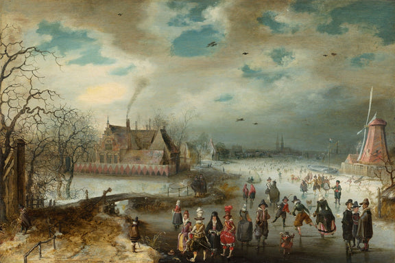 Winter Ice Skating Scene with Villagers - People Oil Painting - Oil Painting Haven