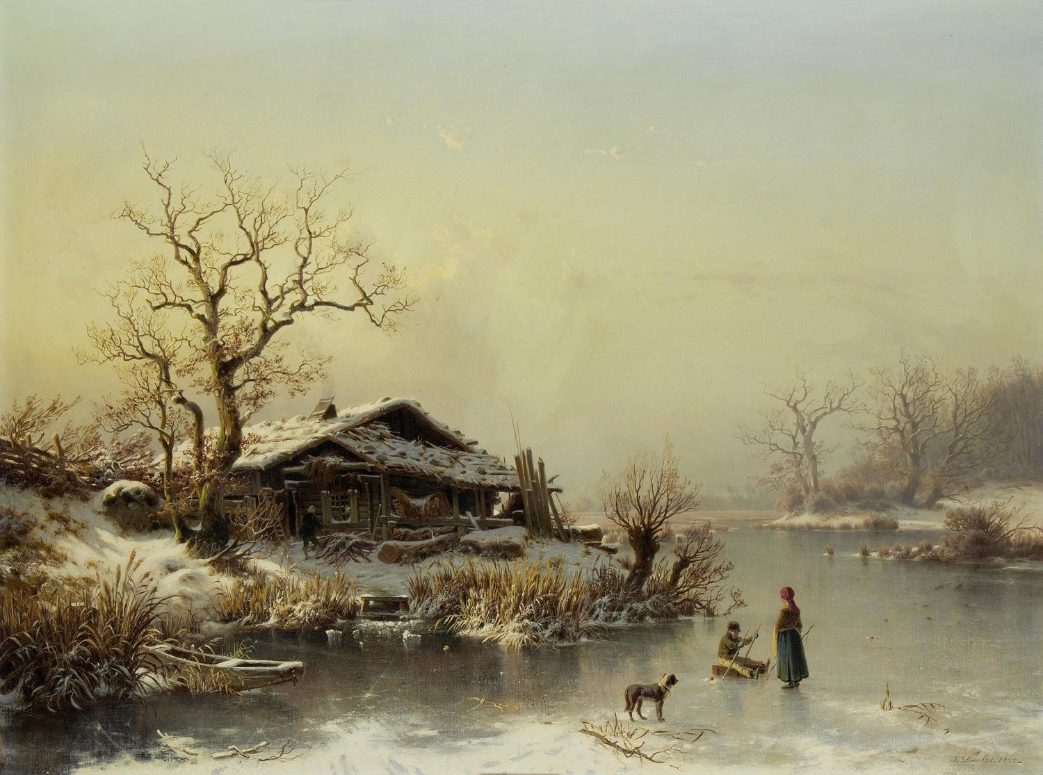 Winter Lakeside Cottage with Figures – Hand - Painted Oil Painting - Oil Painting Haven