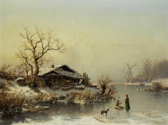 Winter Lakeside Cottage with Figures – Hand - Painted Oil Painting - Oil Painting Haven