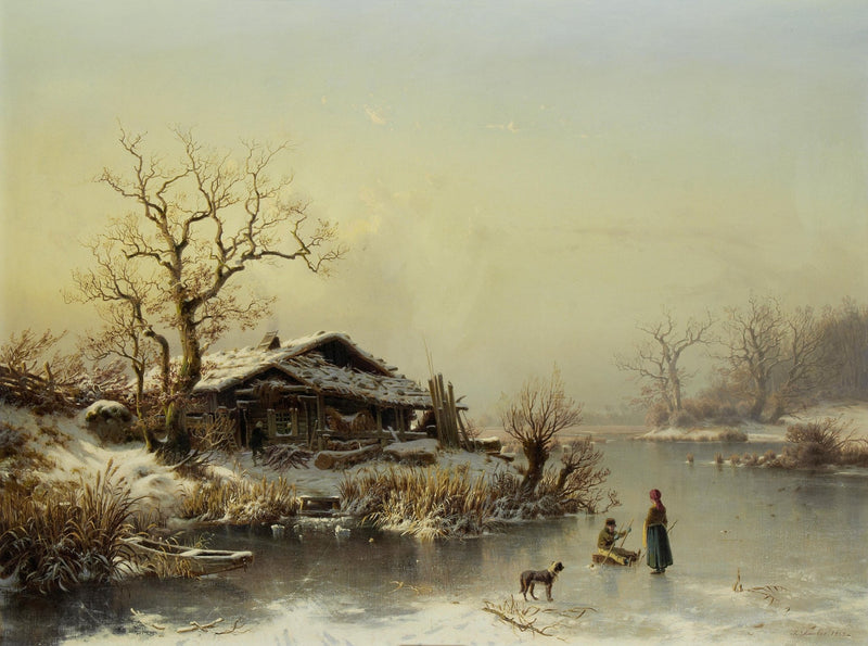 Winter Lakeside Cottage with Figures – Hand - Painted Oil Painting - Oil Painting Haven