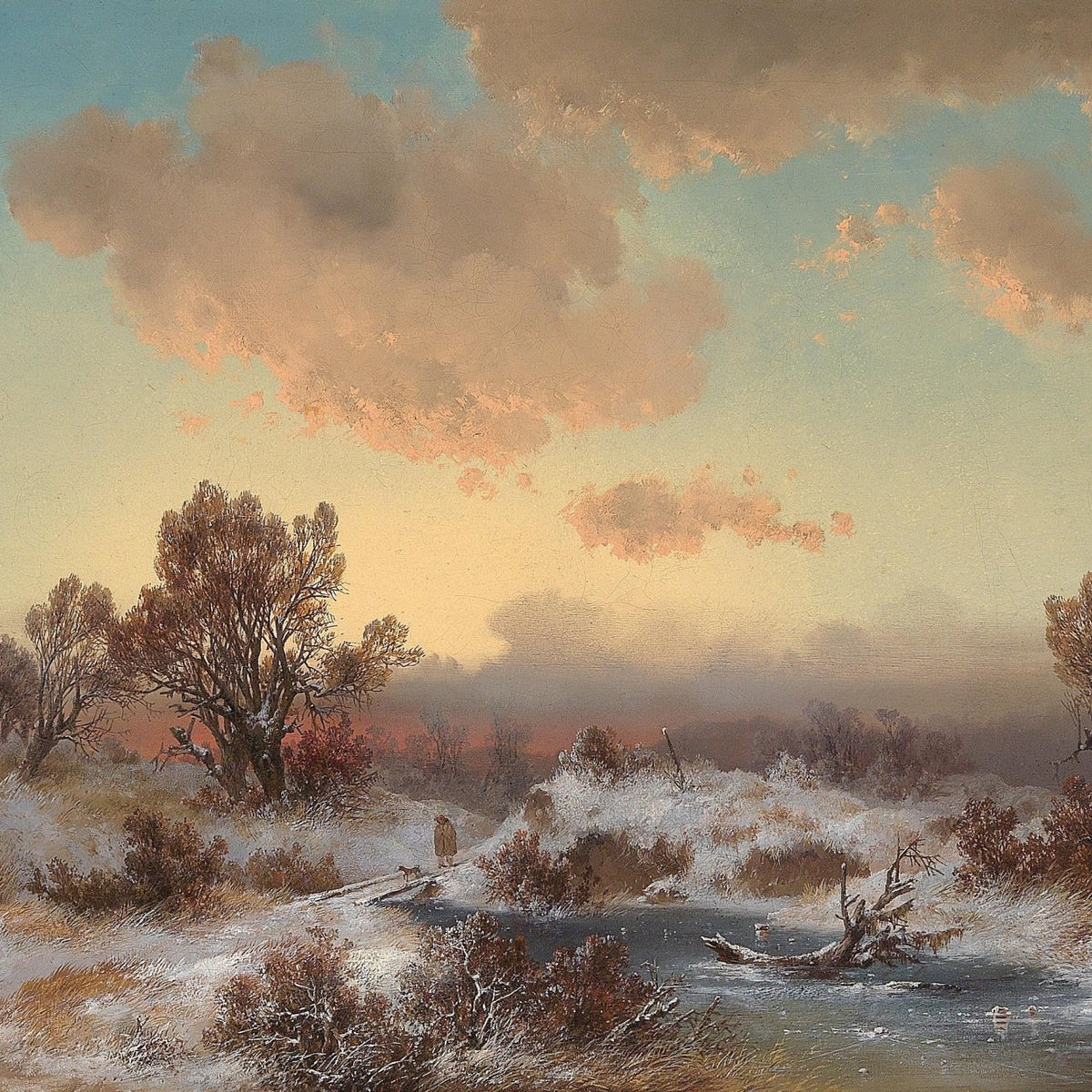 Winter Marsh at Sunset, Snowy Trees – Hand - Painted Landscape Oil Painting - Oil Painting Haven