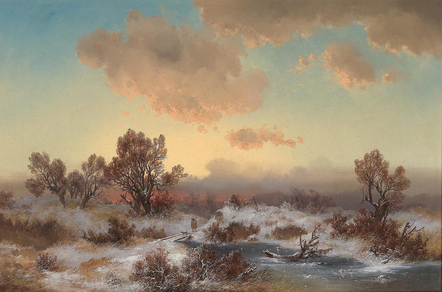 Winter Marsh at Sunset, Snowy Trees – Hand - Painted Landscape Oil Painting - Oil Painting Haven