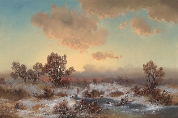 Winter Marsh at Sunset, Snowy Trees – Hand - Painted Landscape Oil Painting - Oil Painting Haven