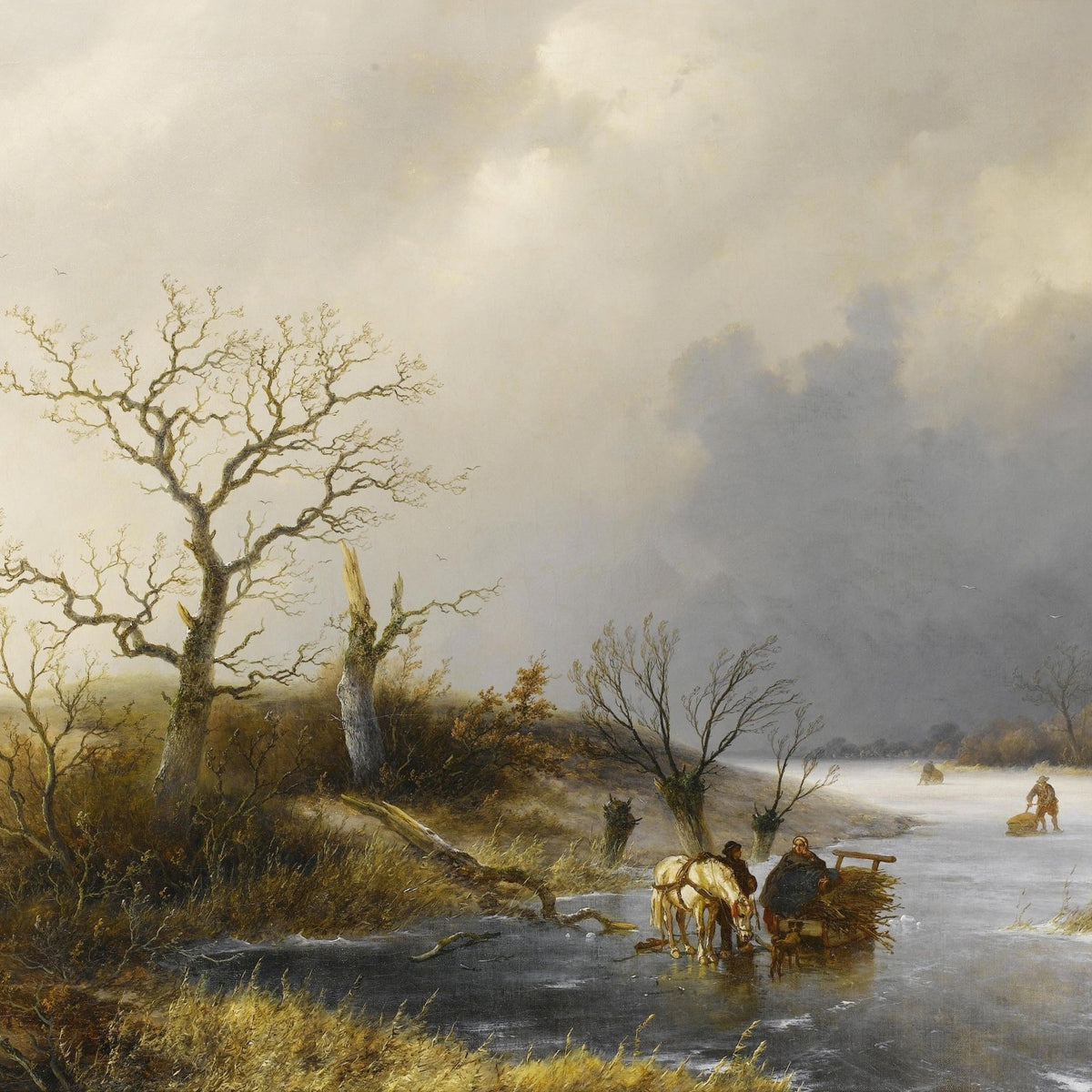 Winter River Crossing with Horse Cart, Figures – Landscape Oil Painting - Oil Painting Haven