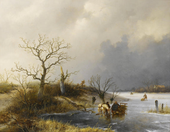 Winter River Crossing with Horse Cart, Figures – Landscape Oil Painting - Oil Painting Haven