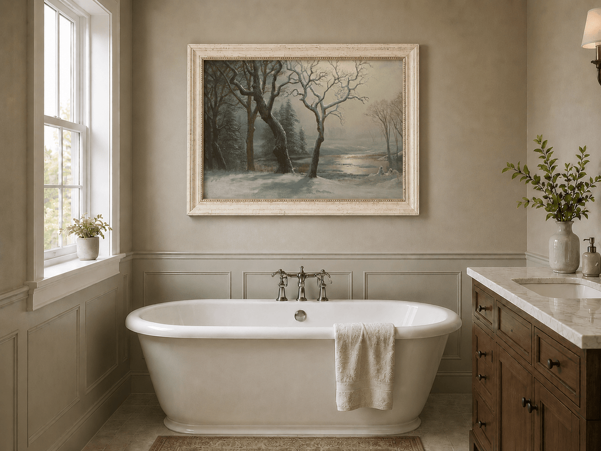 Framed hand-painted winter river oil painting with bare trees in a snowy forest displayed above a freestanding bathtub.