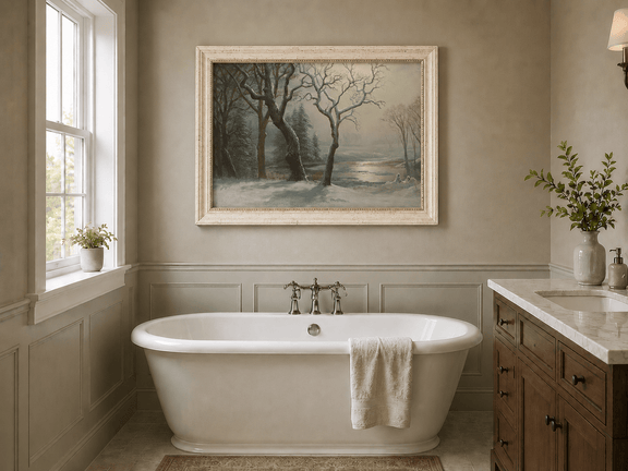 Framed hand-painted winter river oil painting with bare trees in a snowy forest displayed above a freestanding bathtub.
