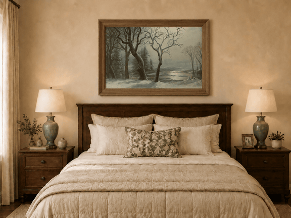 Framed hand-painted winter river oil painting with bare trees in a snowy forest displayed above a wooden bed in a neutral bedroom.